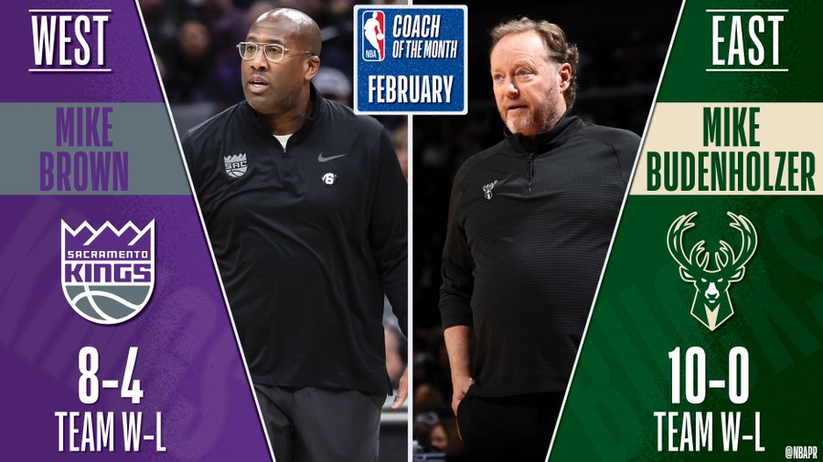 NBA官宣：雄鹿隊布登霍爾澤、國王隊布朗獲評東西部二月最佳教練